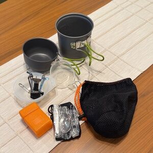 Backpacking Camping Cookware Set with Mini Stove & Emergency Sleeping Bag
